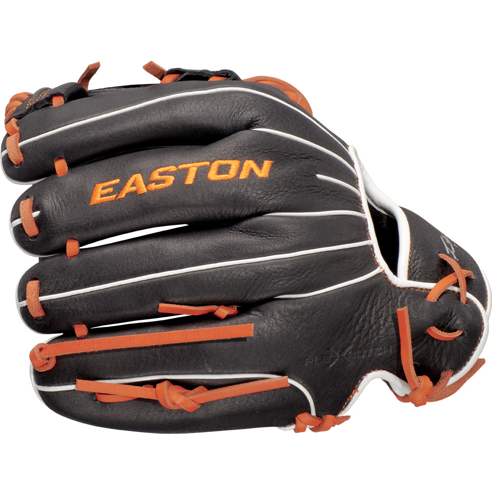 The Easton Future Elite 11" Baseball Glove (FE11-BKOR) features a black exterior with orange laces, white stitching, and "EASTON" embroidered in orange on the back, showcasing its bold design and brand.