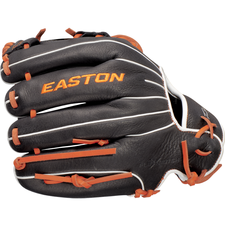 The Easton Future Elite 11" Baseball Glove (FE11-BKOR) features a black exterior with orange laces, white stitching, and "EASTON" embroidered in orange on the back, showcasing its bold design and brand.