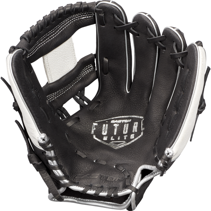 The Easton Future Elite 11" Baseball Glove (FE11-BKWH) features a black design with white stitching and accents, plus "FUTURA ELITE" printed in white on the palm—ideal for youth players seeking style and performance.