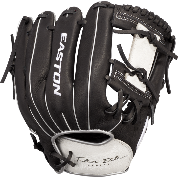 The Easton Future Elite 11" Baseball Glove (FE11-BKWH) is a black and white youth glove with white stitching and laces, the Easton logo, and "Team Elite Series" on the wrist.