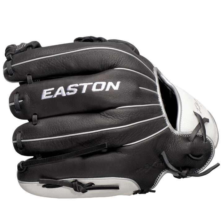 The Easton Future Elite 11" Baseball Glove (FE11-BKWH) is shown in black and white from the side, featuring the EASTON brand name stitched in white on the back.
