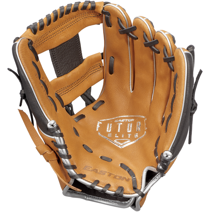 The Easton Future Elite 11" Baseball Glove (FE11-CRBK) features a tan design with black laces, "Future Elite" and "Easton" branded on the palm, and is ideal for young players seeking a quality youth baseball glove.