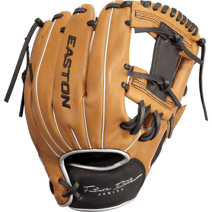 The Easton Future Elite 11" Baseball Glove: FE11-CRBK features a tan and black design with black laces, white stitching, the Easton logo on the back, plus a signature and Series marking near the wrist.