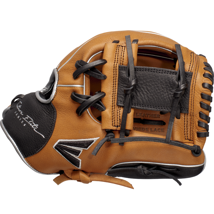 An Easton Future Elite 11" Baseball Glove (FE11-CRBK) in tan and black, featuring black laces, white stitching, and embossed LEATHER and HIDE LACE on the palm. Shown from the thumb side. Brand: Easton.
