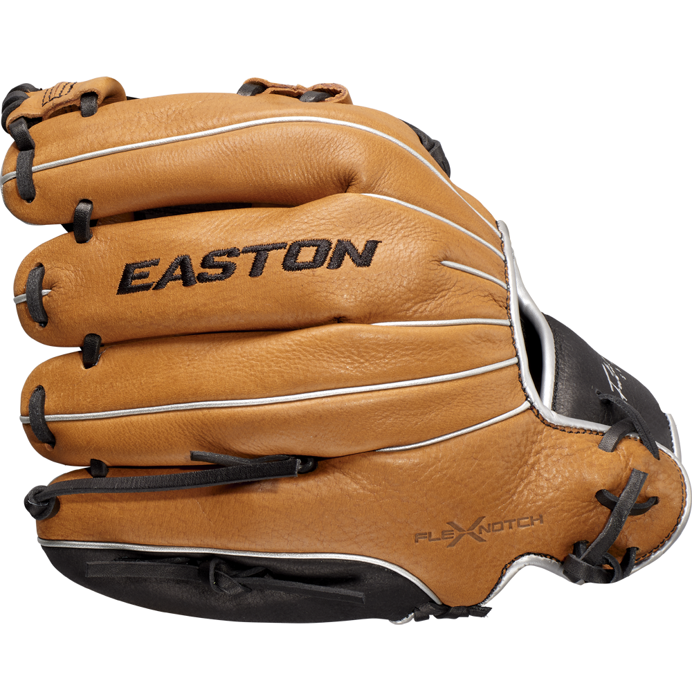 The Easton Future Elite 11" Baseball Glove (FE11-CRBK) features a brown and black design with visible stitching, âEASTONâ in black letters on the back, and âFLEX NOTCHâ near the base for improved flexibility.