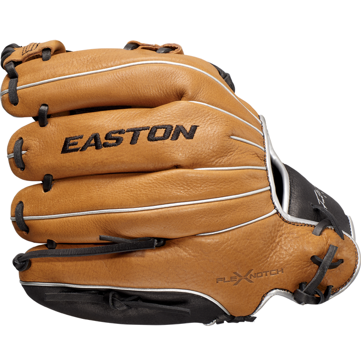 The Easton Future Elite 11" Baseball Glove (FE11-CRBK) features a brown and black design with visible stitching, âEASTONâ in black letters on the back, and âFLEX NOTCHâ near the base for improved flexibility.