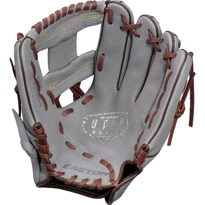The Easton Future Elite 11" Baseball Glove (FE11-GYBR) features gray leather, brown laces, and visible stitching. Displayed palm up, it showcases the Easton brand and Ultra Select logoâideal for young players.