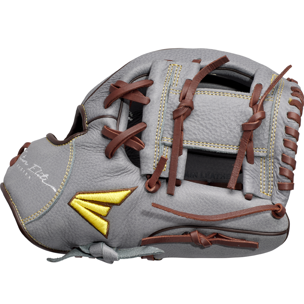 The Easton Future Elite 11" Baseball Glove (FE11-GYBR) features a gray design with brown laces, yellow stitching, signature on the thumb, and a gold embroidered Easton logo on the side, displayed against a plain white background.
