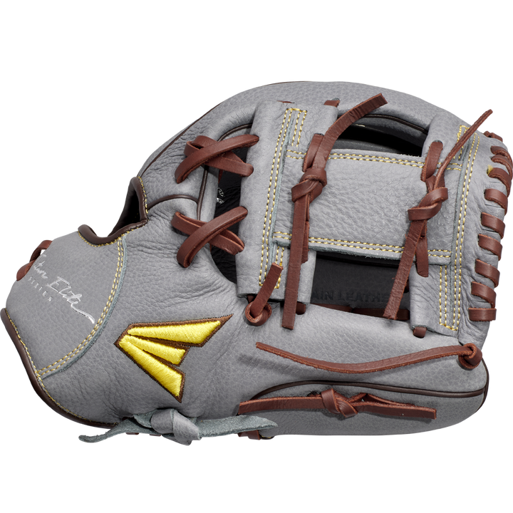 The Easton Future Elite 11" Baseball Glove (FE11-GYBR) features a gray design with brown laces, yellow stitching, signature on the thumb, and a gold embroidered Easton logo on the side, displayed against a plain white background.