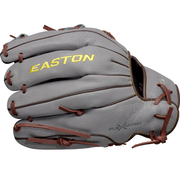 The Easton Future Elite 11" Baseball Glove (FE11-GYBR) features a gray design with brown laces and yellow EASTON text on the back, shown on a plain white background. Ideal for 11U players seeking quality from Easton.