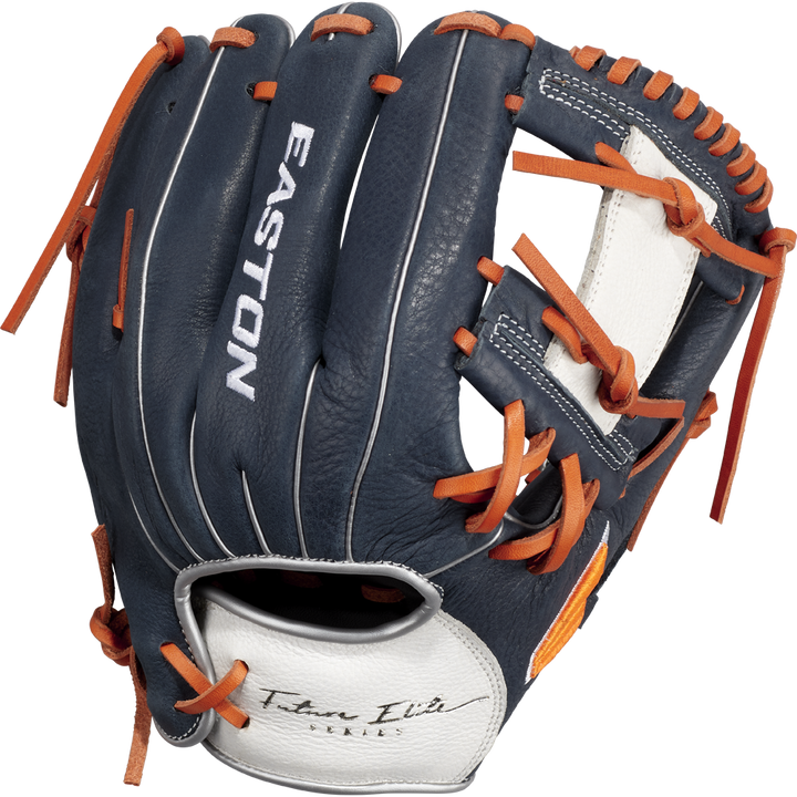 The Easton Future Elite 11" Baseball Glove (FE11-NYOR) features a navy blue and white design with orange laces, Easton branding on the back, and "Tan Elite Series" near the wristâan ideal choice for 11U players seeking quality.