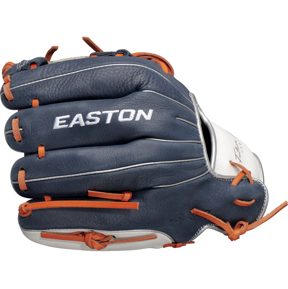 The Easton Future Elite 11" Baseball Glove (FE11-NYOR) features white and orange stitching and is ideal for young players seeking a high-quality youth glove.