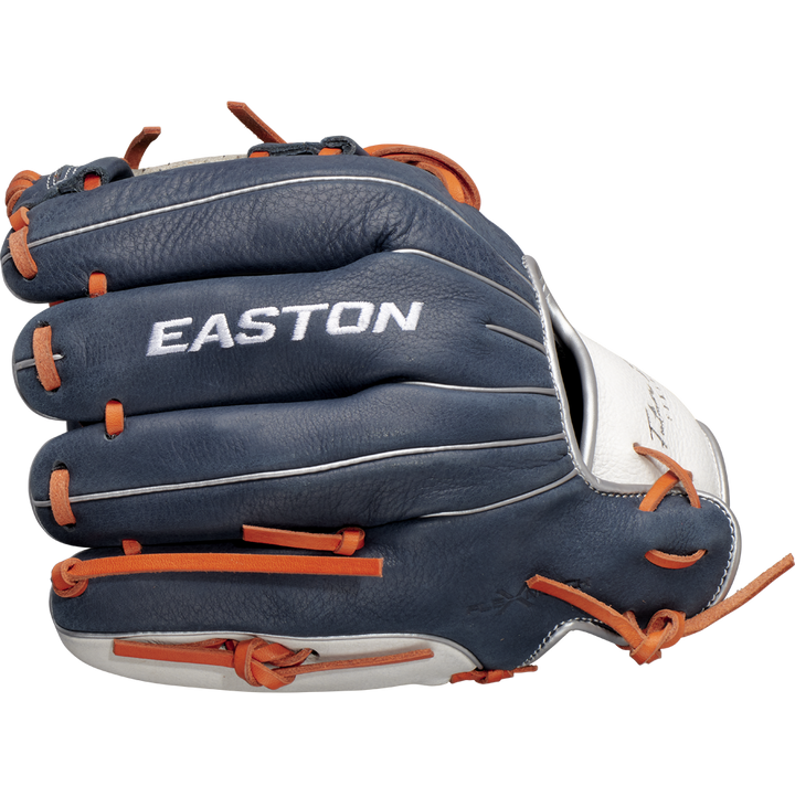 The Easton Future Elite 11" Baseball Glove (FE11-NYOR) features white and orange stitching and is ideal for young players seeking a high-quality youth glove.