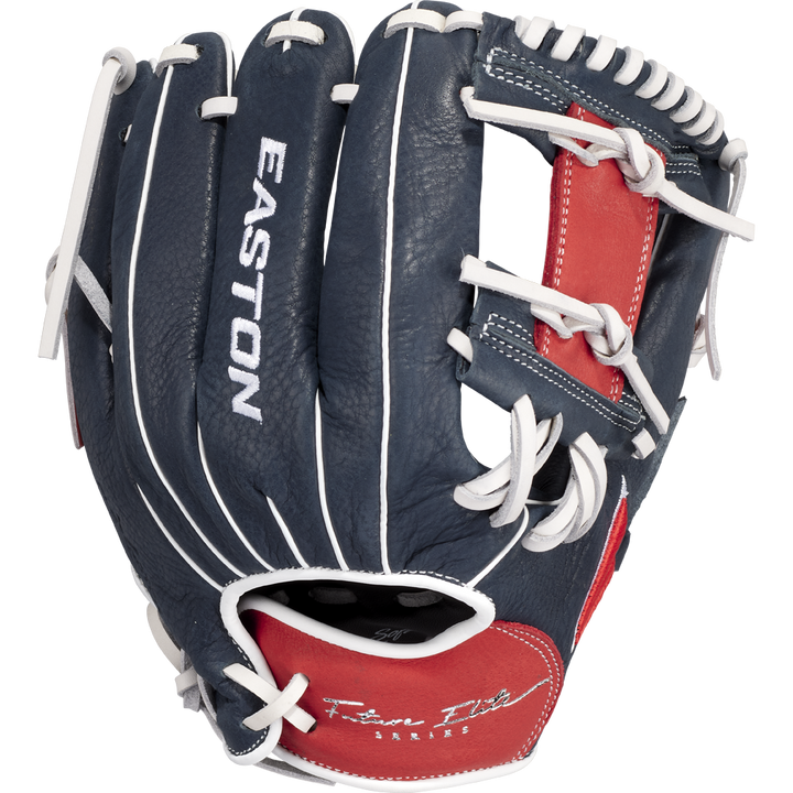 The Easton Future Elite 11" Baseball Glove (FE11-NYRD) features dark blue and red color, white laces and stitching, the Easton brand, and Finn I.D. on the palmâideal for aspiring youth baseball players.