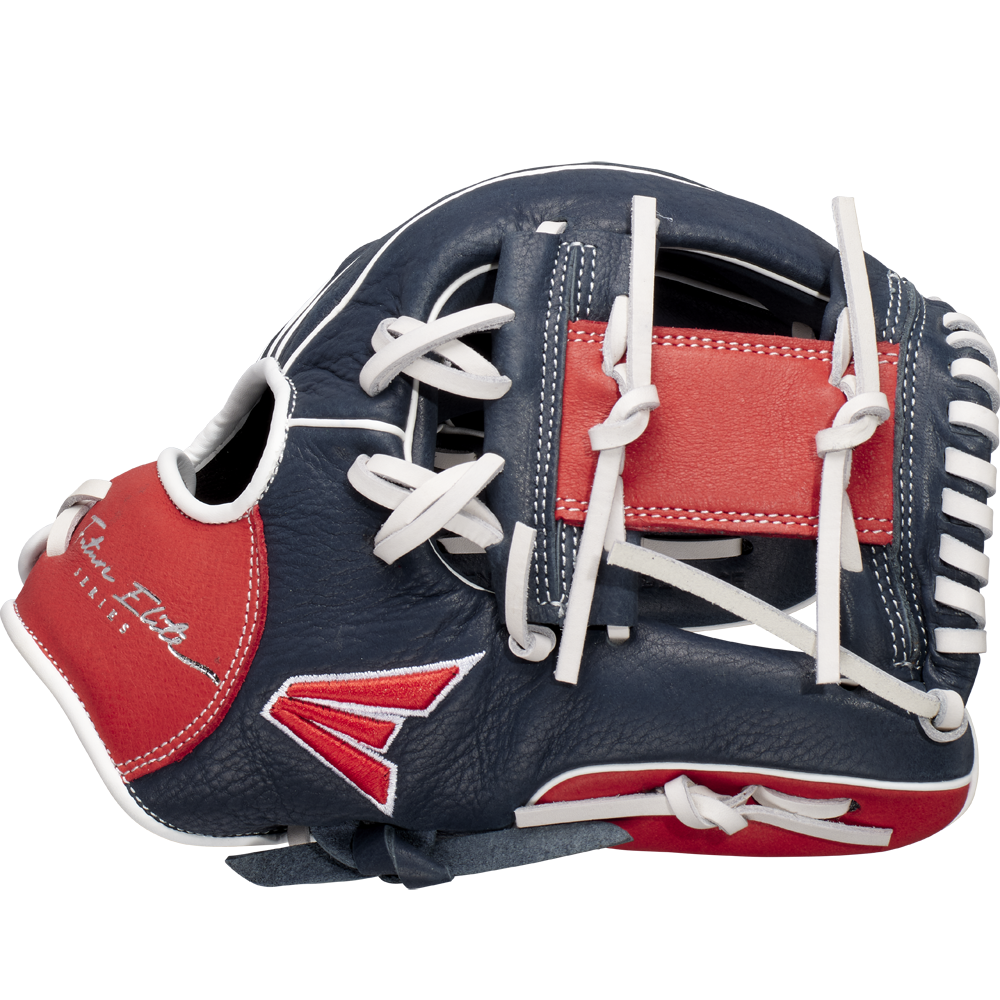The Easton Future Elite 11" Baseball Glove (FE11-NYRD) features navy blue, red, and white colors with white laces and a red-and-white patch, shown side view on a plain white background.