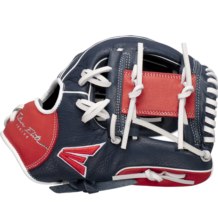 The Easton Future Elite 11" Baseball Glove (FE11-NYRD) features navy blue, red, and white colors with white laces and a red-and-white patch, shown side view on a plain white background.