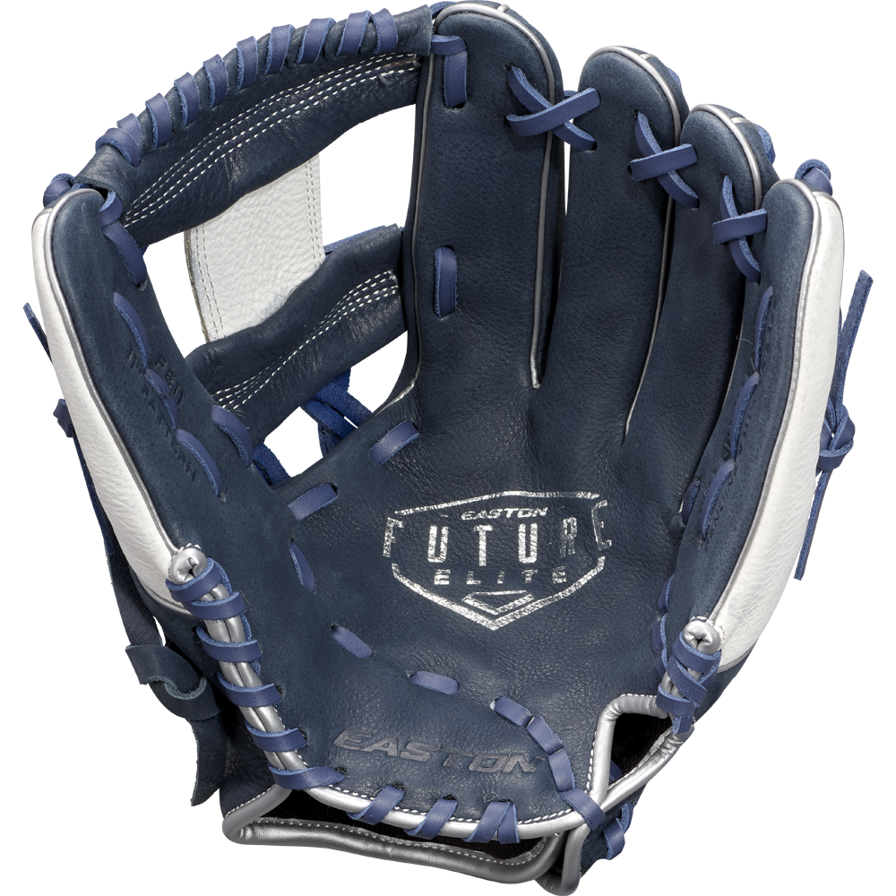 The Easton Future Elite 11" Baseball Glove (FE11-NYWH) features a dark blue and white design with blue laces and the Easton logo on the palm—open to reveal detailed inner stitching, it’s ideal for young players seeking quality and style.