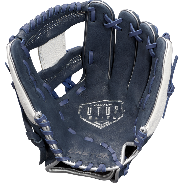 The Easton Future Elite 11" Baseball Glove (FE11-NYWH) features a dark blue and white design with blue laces and the Easton logo on the palm—open to reveal detailed inner stitching, it’s ideal for young players seeking quality and style.
