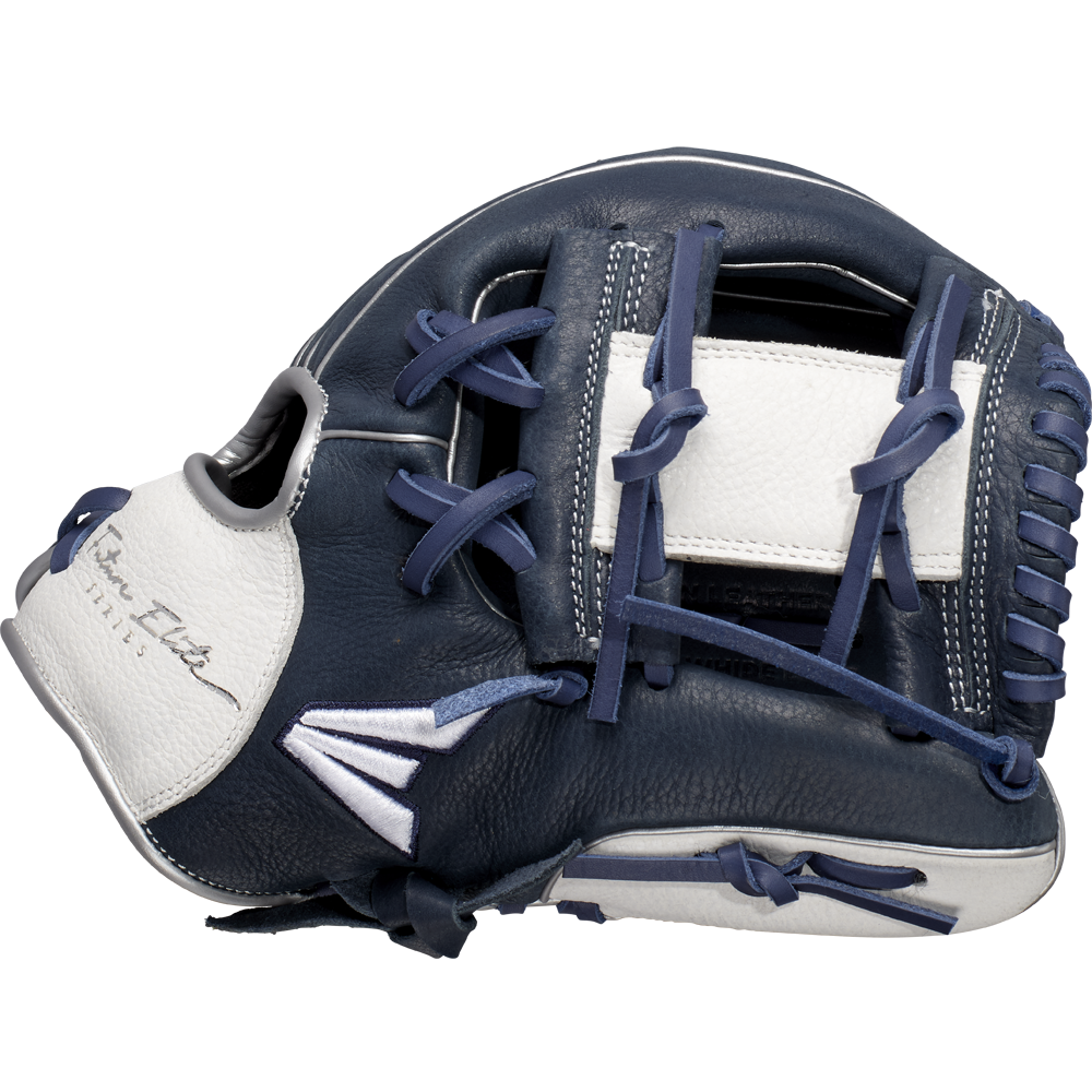 The Easton Future Elite 11" Baseball Glove: FE11-NYWH features a navy blue and white design with blue laces, closed web, and visible stitching. This youth glove from Easton is perfect for aspiring baseball players.