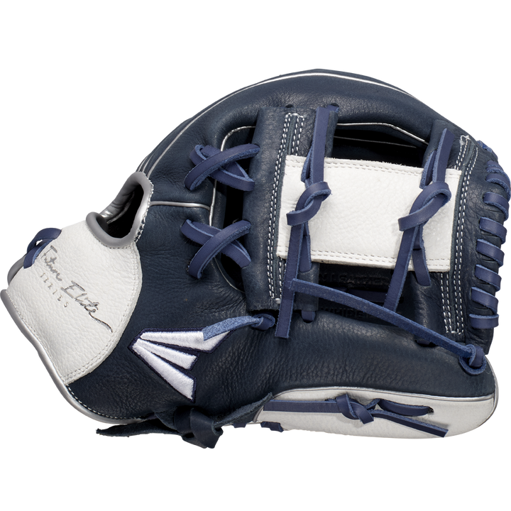 The Easton Future Elite 11" Baseball Glove: FE11-NYWH features a navy blue and white design with blue laces, closed web, and visible stitching. This youth glove from Easton is perfect for aspiring baseball players.