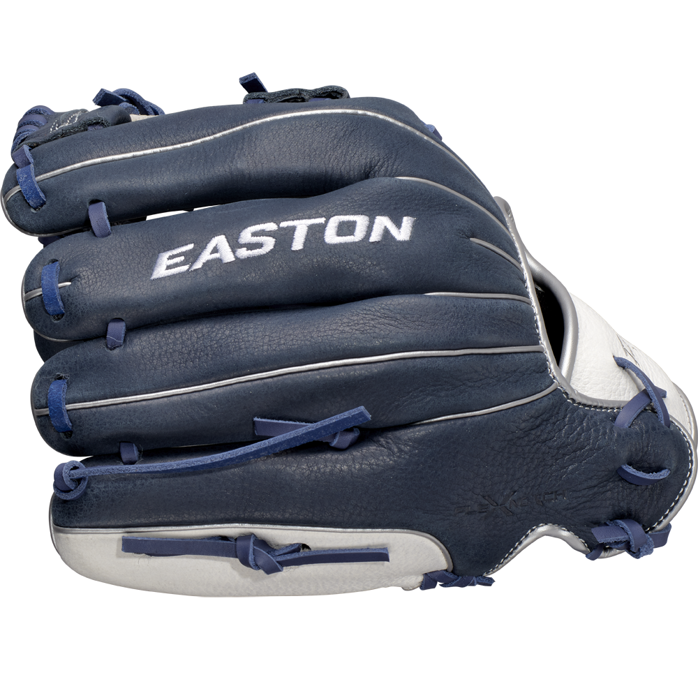 The Easton Future Elite 11" Baseball Glove: FE11-NYWH is a navy blue and white youth glove featuring visible stitching, laces, and the EASTON brand printed in white—an ideal choice for aspiring baseball players.