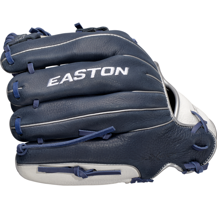 The Easton Future Elite 11" Baseball Glove: FE11-NYWH is a navy blue and white youth glove featuring visible stitching, laces, and the EASTON brand printed in white—an ideal choice for aspiring baseball players.