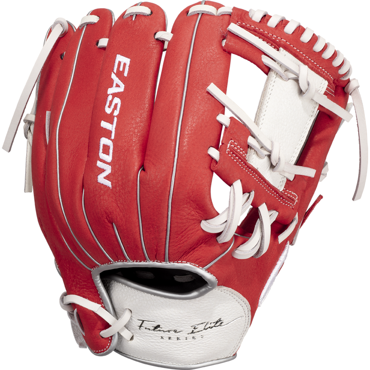 The Easton Future Elite 11" Baseball Glove (FE11-RDWH) is a red and white youth glove with "Easton" in white letters and "Team Elite Series" near the wrist, shown on a plain white background.