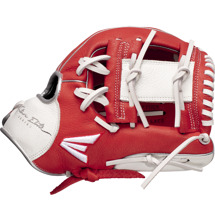 The Easton Future Elite 11" Baseball Glove (FE11-RDWH) features a red and white design with white lacing, signature thumb detail, and rectangular web—ideal for youth players.