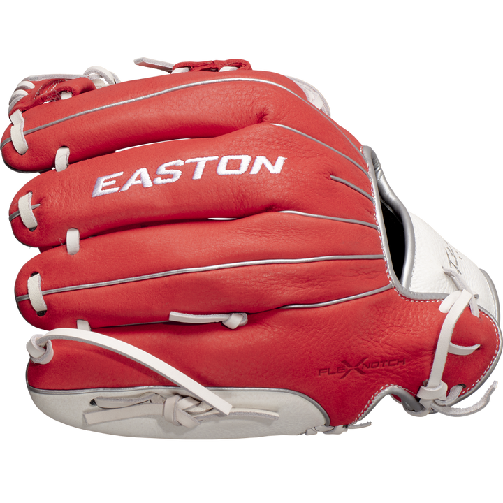 The Easton Future Elite 11" Baseball Glove (FE11-RDWH) features a red and white design with white laces, shown from the side with the Easton brand name embroidered on the back.