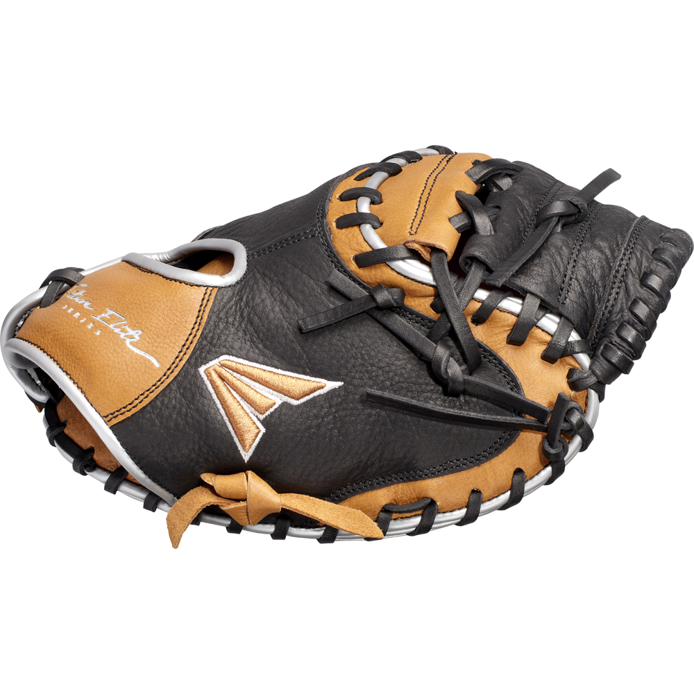 The Easton Future Elite 32.5" Baseball Catcher's Mitt: FE2325, in black and tan with black laces, white stitching, and a stylized logo, is ideal for youth catchers.