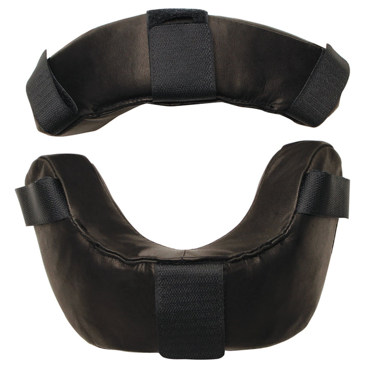 Two black Diamond FM-RP LEATHER full-grain leather replacement pads for umpire masks, shown from different angles on a white background—pro-style pads with adjustable straps for enhanced comfort.