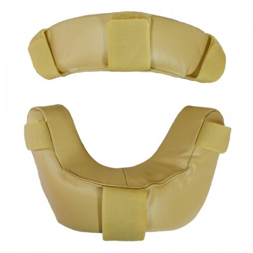 Two beige, curved Diamond Leather Replacement Pads for Umpire Masks (FM-RP LEATHER) by Diamond are shown against a white background. Featuring Velcro straps and pro-style design, these soft pads provide neck or head comfort and support.