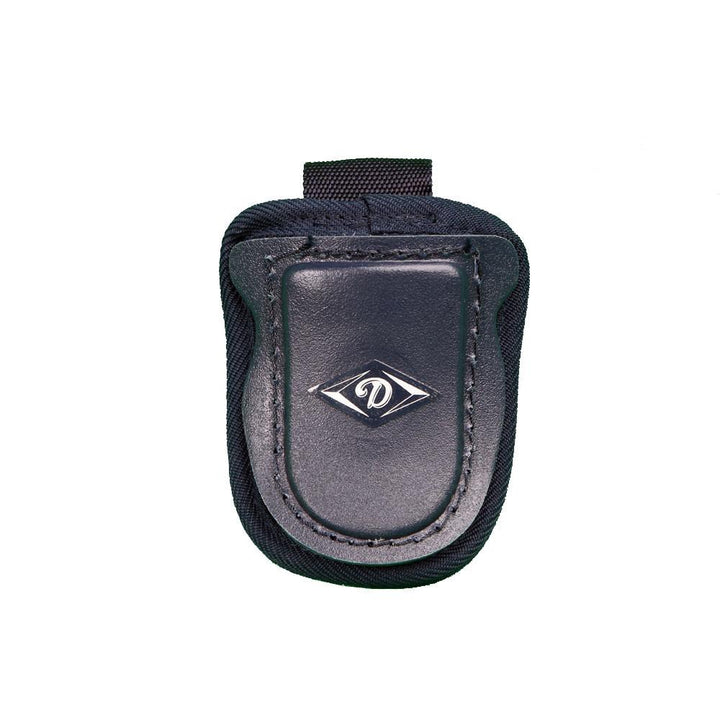 The Diamond Catcher's Throat Guard: FM-TG by Diamond is a black pouch with a front flap and diamond-shaped logo, featuring a button snap. Approx. 6 inches, itâs likely leather and fabric, shown against a white background.