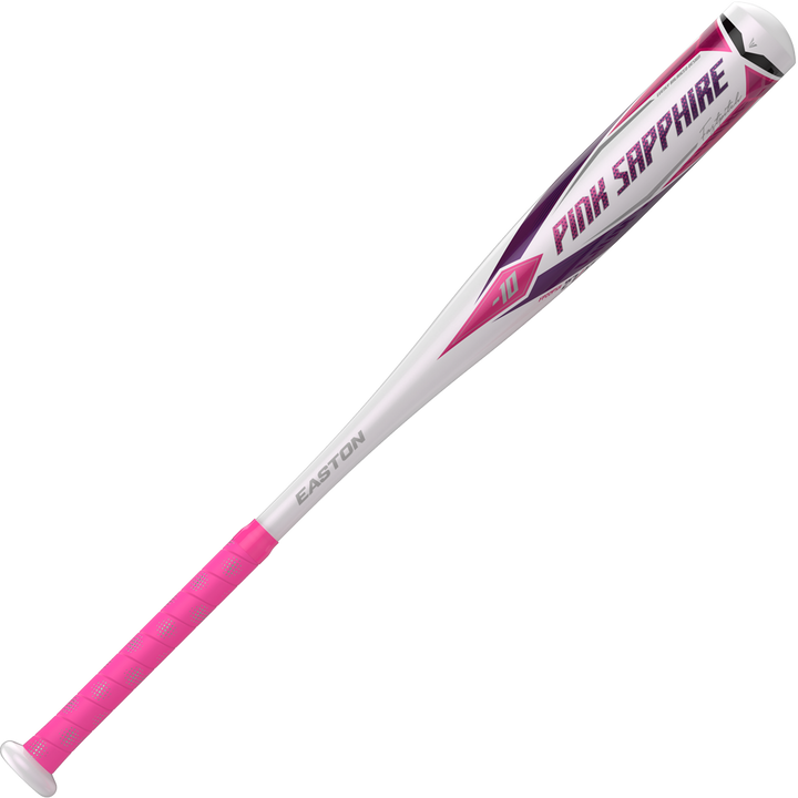 The 2023 Easton Pink Sapphire (-10) Fastpitch Softball Bat (FP22PSA) features a silver ALX50 Alloy barrel, pink grip, and striking accents—a standout design from Easton’s Diamond Gem collection.