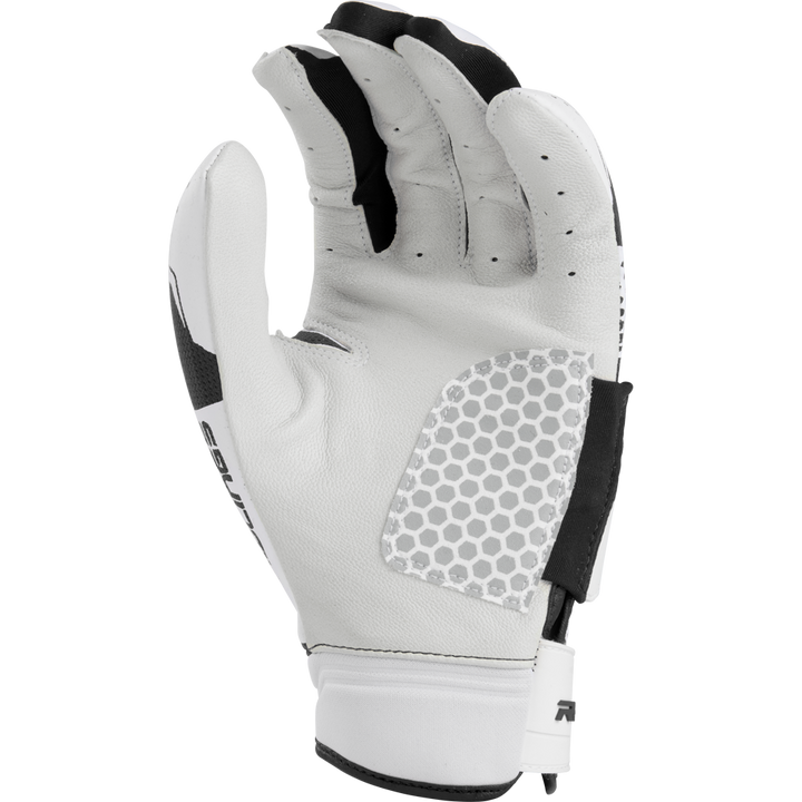 The Rawlings Workhorse Pro Women's Batting Gloves (FP2PBG) by Rawlings feature a white and black design, honeycomb-patterned grip, and IMPAX padding, with the palm facing forward and fingers slightly curled.
