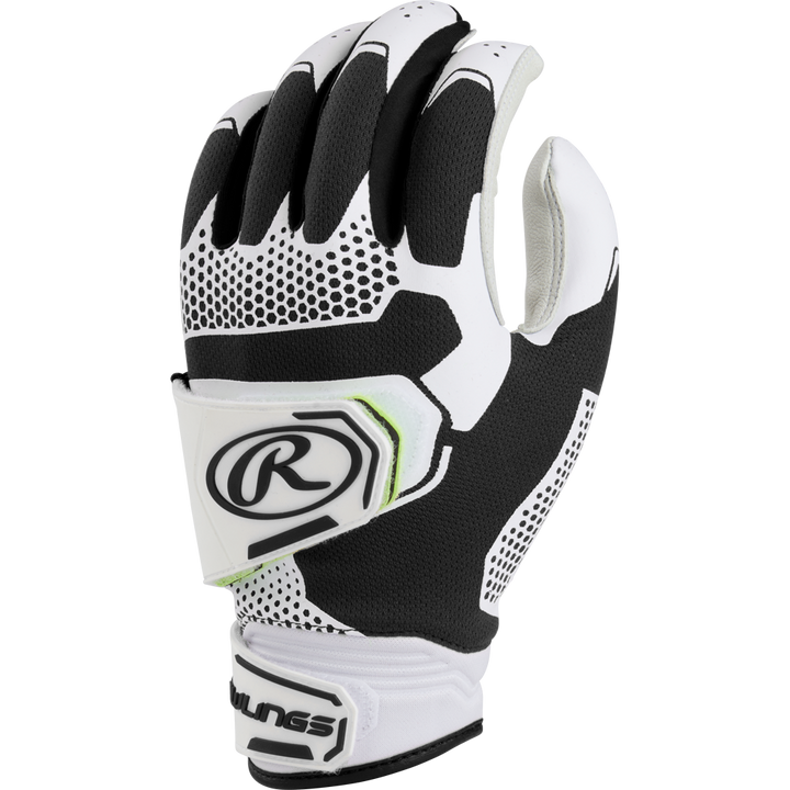 The Rawlings Workhorse Pro Women's Batting Gloves (FP2PBG) feature black and white design, visible wrist strap logo, IMPAX padding for protection, and a textured grip on the fingers and palm.