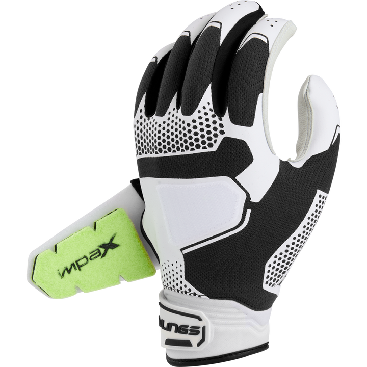The Rawlings Workhorse Pro Women's Batting Gloves (FP2PBG) are black and white with IMPAX padding, a textured grip, raised knuckles, and a green Velcro IMPACT strap near the wrist.