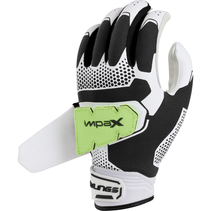 The Rawlings Workhorse Pro Women's Batting Gloves (FP2PBG) feature a black and white design with a green Velcro strap labeled IMPA X and IMPAX padding for extra hand protection—perfect for players needing advanced Rawlings batting gloves.