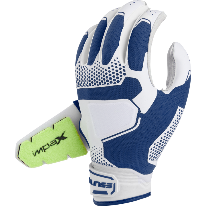 The Rawlings Workhorse Pro Women's Batting Gloves (FP2PBG) feature blue and white padding, IMPAX protection, and a green Xrd thumb pad, designed for hand protection in softball or baseball batting.