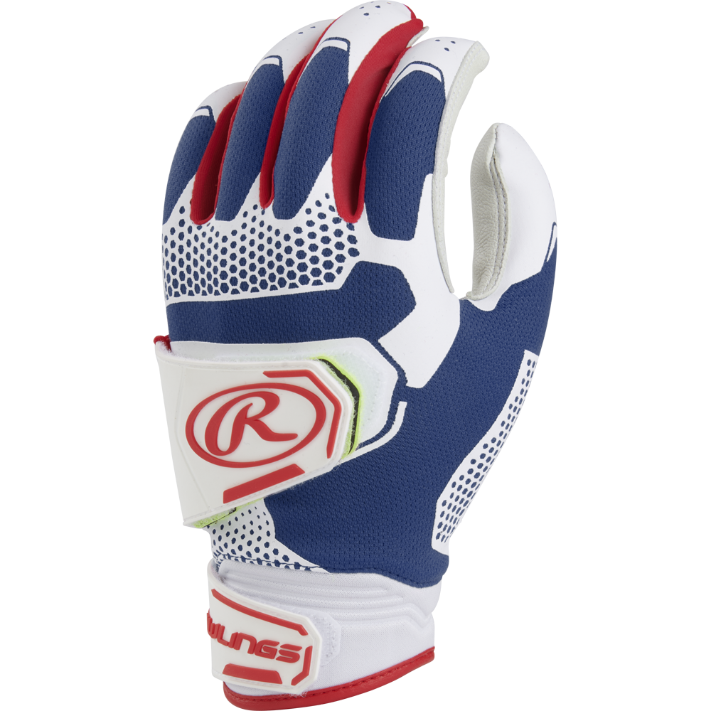 The Rawlings Workhorse Pro Women's Batting Gloves (FP2PBG) feature IMPAX padding, a textured grip, and velcro wrist strap in blue, white, and red—shown on a white background.