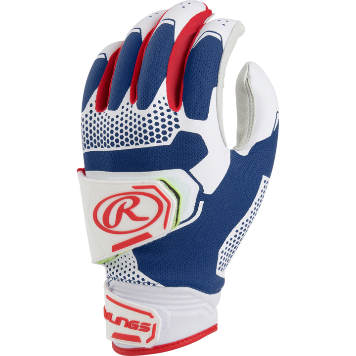 The Rawlings Workhorse Pro Women's Batting Gloves (FP2PBG) feature IMPAX padding, a textured grip, and velcro wrist strap in blue, white, and red—shown on a white background.