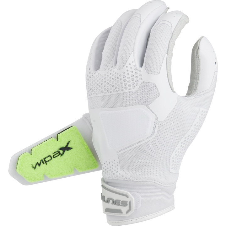 The Rawlings Workhorse Pro Women's Batting Gloves (FP2PBG) deliver comfort and style at the plate with textured grip, mesh ventilation, and a neon green wrist patch featuring black text.