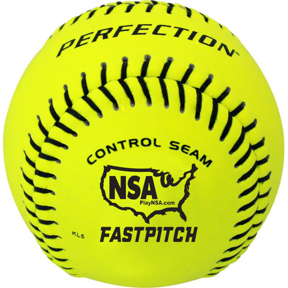 The Baden NSA Perfection 12" 47/375 Fastpitch Softball (FPN12) features a bright yellow Pro Leather cover, black stitching, and NSA approval, with "PERFECTION," "CONTROL SEAM," and the USA outline with PlayNSA.com on the ball.