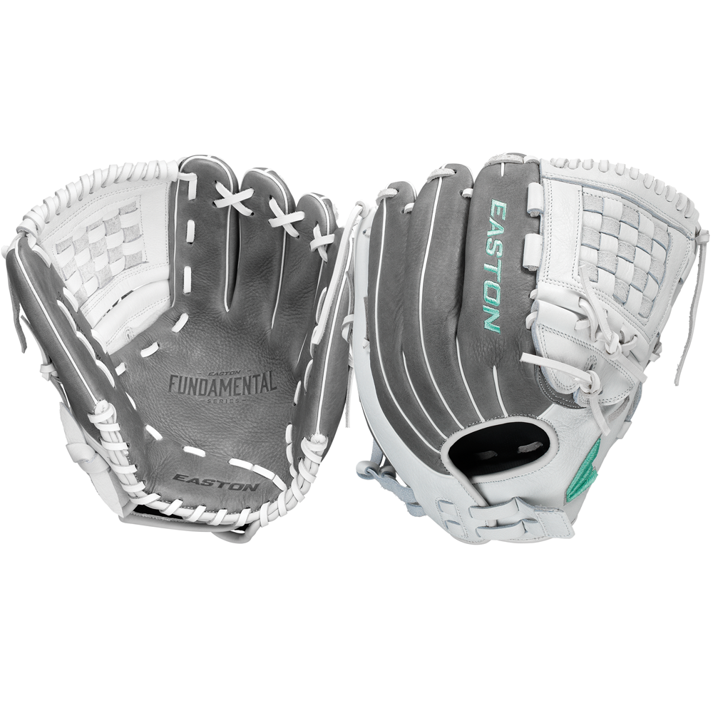 Two grey and white Easton Fundamental 12" Fastpitch Softball Gloves (FMFP12) are shown, one palm up showing "FUNDAMENTAL," the other "EASTON." Both feature oil-tanned cowhide leather, white laces, woven web, and an adjustable closure.