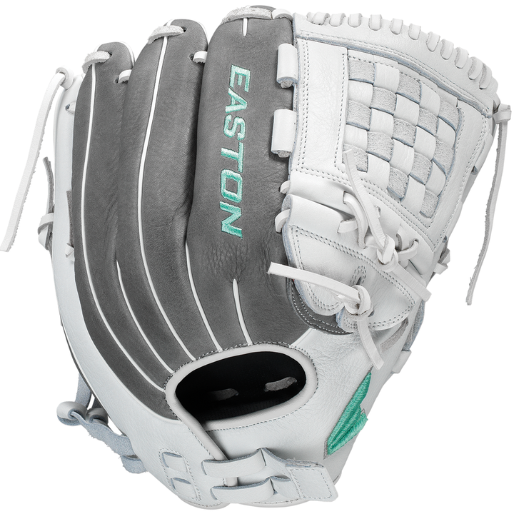The Easton Fundamental 12" Fastpitch Softball Glove (FMFP12) features a white and gray design with light blue accents, a woven web, adjustable closure system, and durable oil-tanned cowhide leather for a customized fit.