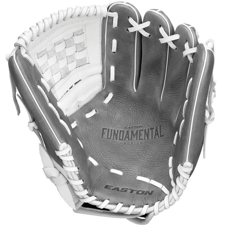A close-up of the Easton Fundamental 12" Fastpitch Softball Glove (FMFP12) shows white laces, gray oil-tanned cowhide leather, and checkered webbing on the upper left side.