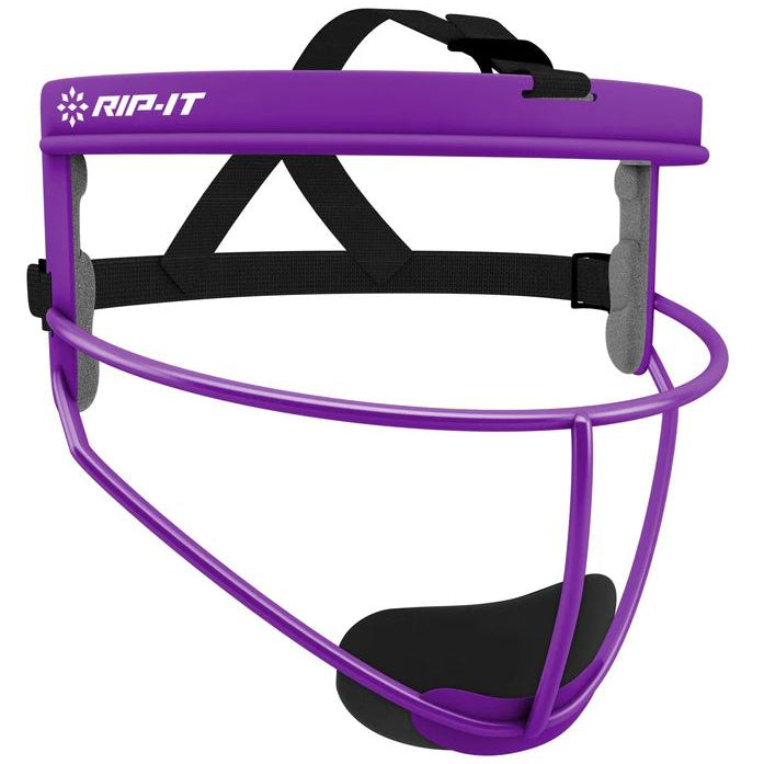 The Rip It Defense Softball Fielder's Mask (RIPDG) by Rip It is a purple mask with black adjustable straps, side foam padding, and a black chin pad. Its lightweight metal frame offers reliable protection for softball players.