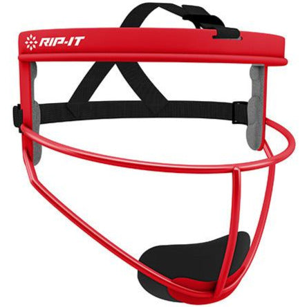 The Rip It Defense Softball Fielder’s Mask (RIPDG) by Rip It is a red, lightweight mask with an open metal frame, black adjustable strap, foam padding, and the Rip It logo on the forehead for safe and comfortable softball play.