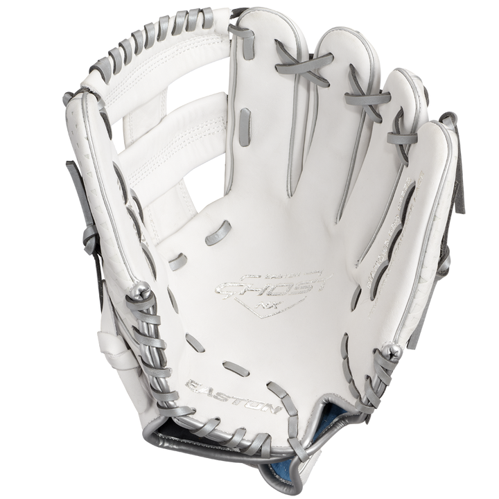 The Easton Ghost NX 11.75" Fastpitch Softball Glove: GNXFP1175 is shown open and facing up, highlighting its interior pocket and webbing. Made from Game Ready Diamond Pro Steer leather, it features embossed Easton branding inside.