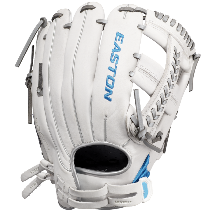 The Easton Ghost NX 11.75" Fastpitch Softball Glove (GNXFP1175) features Game Ready Diamond Pro Steer leather, gray laces, blue stitching, and "EASTON" embroidered in blueâperfect for fastpitch softball players.